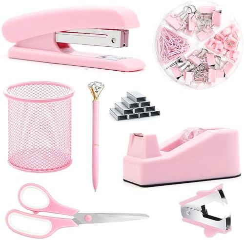 Pink Desk Accessories, Pink Office Supplies, Stapler, Staple Remover, Tape Holder, Pen Holder, Ballpoint Pen, Scissor, Binder Clips, Paper Clips and 1000pcs Staples.