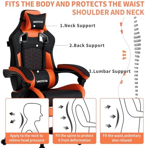 Gaming Chair with Massage,Ergonomic PC Gaming Chair with Footrest Comfortable Headrest and Lumbar Support,High Back Game Chair PVC Leather,300LBS (Black&Orange)