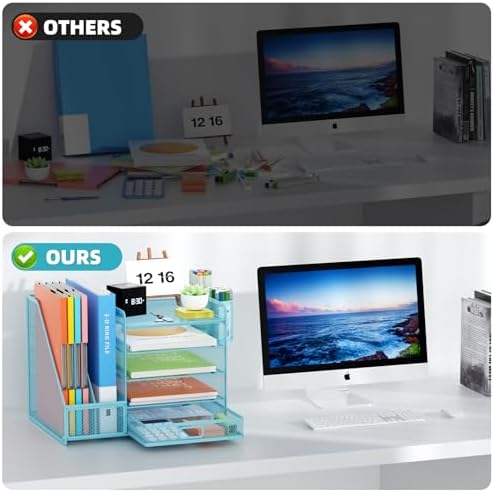 Marbrasse Desk Organizer with File Holder, 5-Tier Paper Letter Tray Organizer with Drawer and 2 Pen Holder, Mesh Desktop Organizer and Storage with Magazine Holder for Office Supplies(Blue)