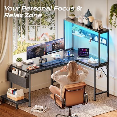 PRAISUN L Shaped Gaming Desk with LED Lights & Power Outlets