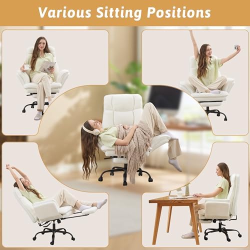 Wider Seat Office Chair with Flip Armrests for Criss Cross Legged&Cats, Big and Tall Executive Ergonomic Reclining Chair with Footrest&Lumbar Pillow, Teddy Fleece Desk Chair,White Vanity Chair