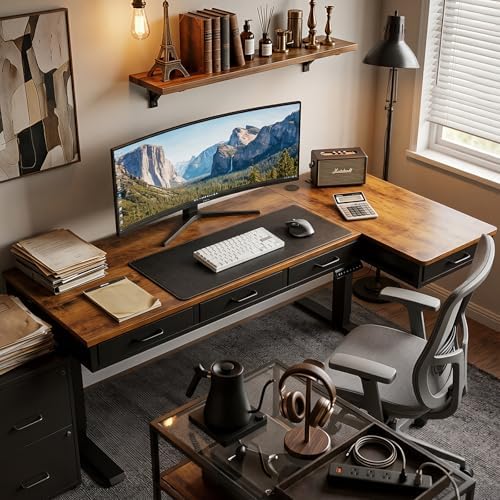 OffiGo 63 Inch L Shaped Electric Standing Desk with 4 Drawers, Rustic Brown