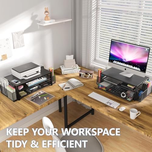 OPNICE Desk Organizer and Accessories, 2-Tier Computer Monitor Stand Riser with Drawer and 2 Pen Holders, Laptop Stand, Office Desk Accessories for Office Supplies, Black 2-Pack