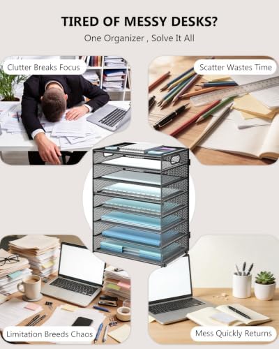 WALI Desk File Organizer, 8 Tier Desktop Paper Letter Tray Organizer with Handle, Office Desk Accessories & Workspace Organizers for Office, Home, School Supplies, 1 Pack, Black