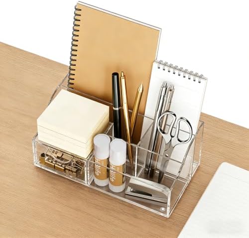 HBlife Acrylic Desk Organizer with Drawer, Pen & Pencil Holder, Multifunctional Desktop Caddy for Office Supply and Organization (Clear, 2 Pack)