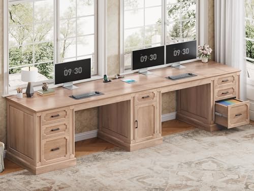 SEDETA Farmhouse 110.3" Two Person Desk with 7 Drawers, Long Computer Desk with Storage Cabinet, 2 Person Desk with Power Outlets for Home Office, Oak
