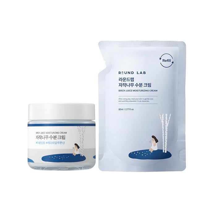 ROUND LAB Birch Juice Moisturizing Cream Refill Set, 80ml + 80ml Refill | 48-Hour Deep Hydration Korean Moisturizer with Vita Hyaluronic Acid | Long-Lasting Moisturizing Care for Sensitive Skin