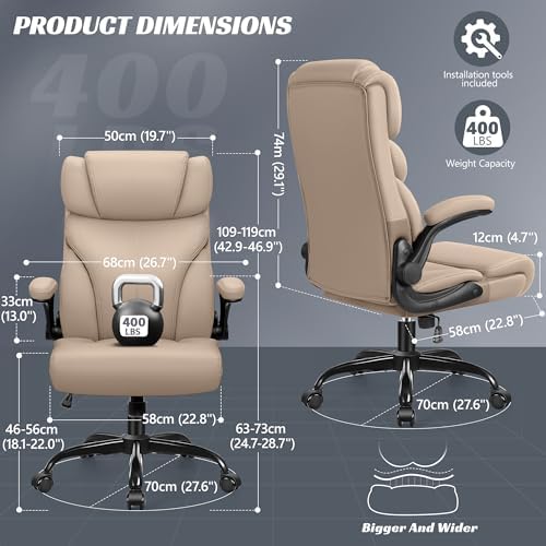 HeroSet Office Chair, Ergonomic Big and Tall Computer Desk Chairs, Executive Breathable Leather Chair with Adjustable Flip-up Armrests, Lumbar Support Swivel PC Chair with Rocking Function,Khaki