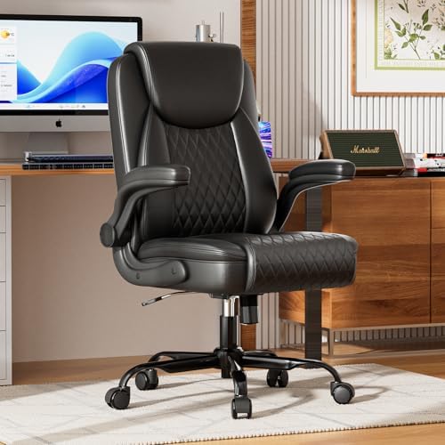 GTPLAYER PU Leather Office Chair, Home Desk Chair with Flip-up Arms, Black