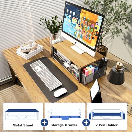 OPNICE Desk Organizers and Accessories, Computer Monitor Stand Riser with Drawer and 2 Pen Holders, Printer & Laptop Stand, Office Desk Accessories & Workspace Organizers for Home Office Supplies, Oak