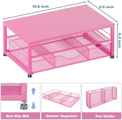 OPNICE Desk Organizers and Accessories, Computer Monitor Stand Riser with Drawer and 2 Pen Holders, Printer & Laptop Stand, Office Desk Accessories & Workspace Organizers for Home Office Supplies, Carmine Rose