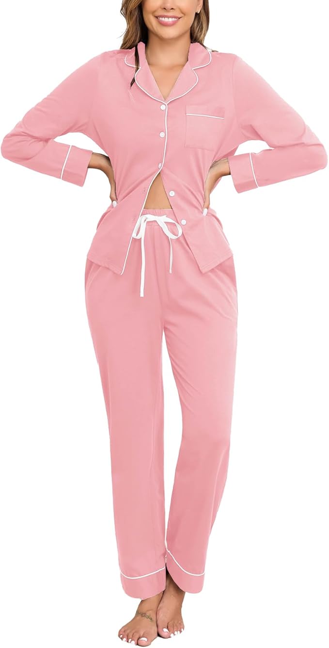 Veseacky 100% Cotton Pajamas for Women Set Long Sleeve Button Down Sleepwear Soft Pjs Lounge Sets with Pockets S-XXL