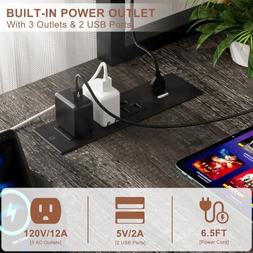 Aheaplus L Shaped Gaming Desk with Power Outlets & LED Lights, Black Oak