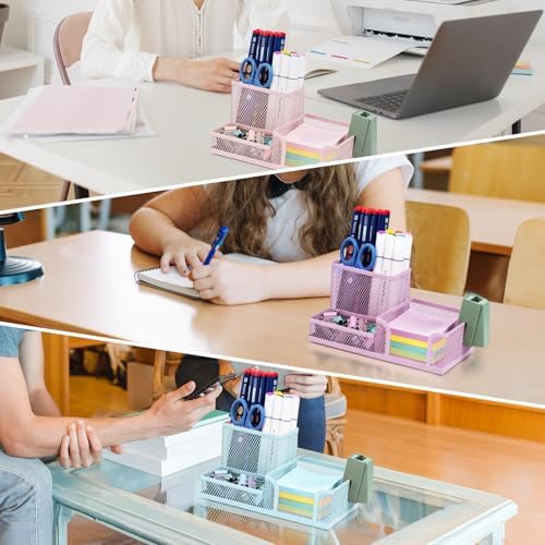 M&G Mesh Pen Holder Desk Organizers Pencil Holder for Desk Purple, 3 Compartments Metal Office Supply Organizer with Sticky Notes Holder for Home Office