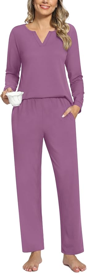 Anyally Women's Plus Size Pajama Sets Ladies Fall Pjs 2 Pieces Lounge Outfits V Neck Long Sleeves Sleepwear with Pockets