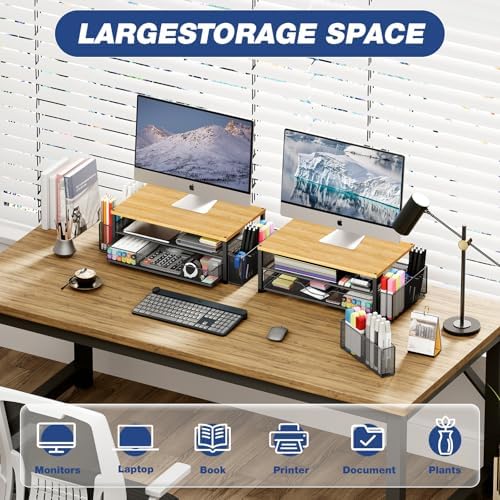 OPNICE Desk Organizers and Accessories, Computer Monitor Stand Riser with Drawer and 2 Pen Holders, Printer & Laptop Stand, Office Desk Accessories & Workspace Organizers for Home Office Supplies, Oak
