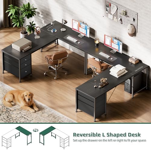 Furologee 63" L Shaped Desk with Power Outlets & USB-C Port, Reversible Corner Computer Desk with 3 Fabric Drawers, Hooks, Home Office Desk for Gaming, Writing, Work, Black
