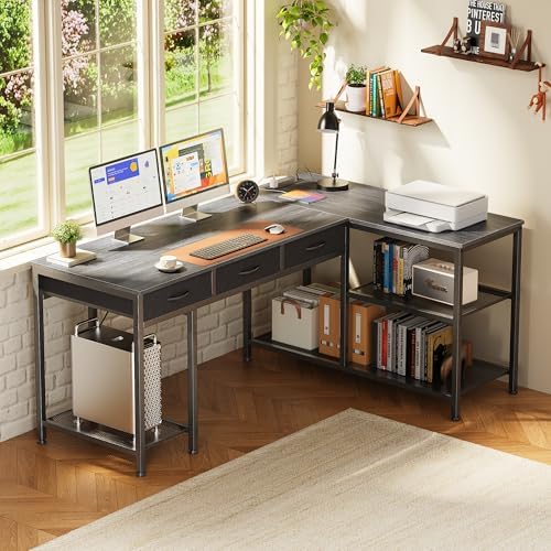 PRAISUN 55 Inch L Shaped Office Desk with Power Outlets and Type-C Port, Large Computer Gaming Desk with 3 Fabric Drawers, Mesh Shelves, Corner Study Work Writing Desk, Grey