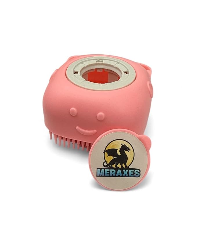 MERAXES Pet Grooming Bath Brush with Soap Dispenser – Soft Silicone Massage Bristles for Dogs & Cats, Gentle Deshedding & Deep Cleaning for Long or Short Hair – Pink
