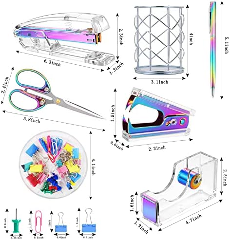 Famassi Dream Color Acrylic Stapler and Tape Dispenser Set, Office Supplies with Tape Dispenser, Stapler Remover, 2 Ballpoint Pen, Scissor, Binder Clips, Paper Clips and 1000pcs Staples