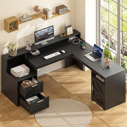 63" Farmhouse L Shaped Desk with Drawers & Printer Shelf for Home Office