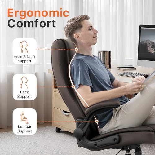 NEO CHAIR Office Desk Chair, High Back PU Leather with Flip-up Arms, Brown