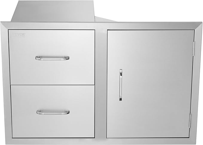 VEVOR Outdoor Kitchen Door Drawer Combo, 32.5"Wx21.7"Hx20.5"D, Access Door Double Drawers with Paper Towel Rack, BBQ Island Drawers with Stainless Steel Handles, 30.7"Wx20"Hx21"D Cutout Size