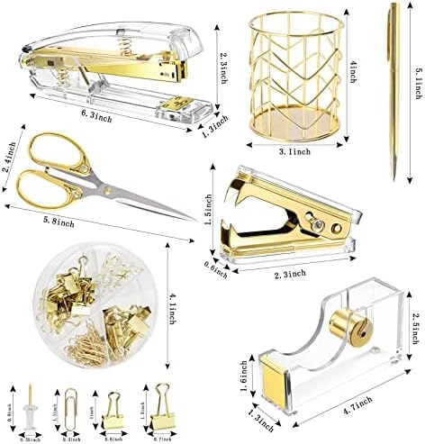 Famassi Gold Desk Accessories，Office Supplies Set Acrylic Stapler Set Staple Remover, Tape/Pen Holder, 2 Ballpoint Pen, Scissor, Binder/Paper Clips and 1000pcs Staples.