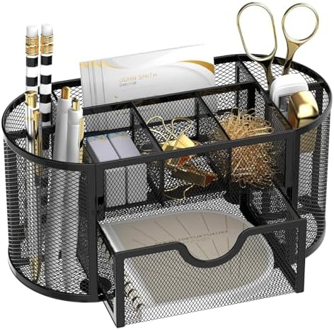 Mesh Desk Organizer with Drawer, 9-Compartment Pen Holder for Desk, Black