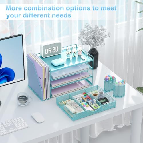gianotter Wood Desk Organizers and Accessories with File Holder, 4-Tier Desk Accessories & Workspace Organizers with Drawer and 2 Pen Holder, Desk Reference Organizer (Blue, 4T with Metal Drawer)