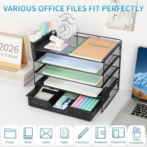 LEKETREE Desk Organizer and Accessories, 5-Tier Paper Letter Tray Organizer with Drawer & 2 Pen Holders for Desktop File Organization, Office Desk Accessories for Supplies Storage (Black)