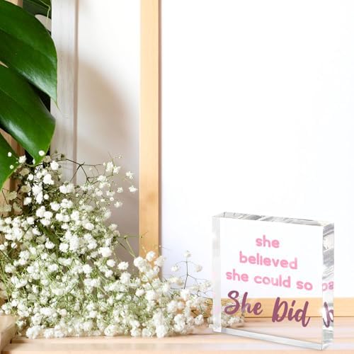 Pink Office Decor - Congratulations Gifts For Women - She Believed She Could So She Did Pink Office Desk Decor Accessories Acrylic Square Shape Sign - Inspirational Gift For Women