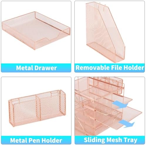 5-Tier Desk File Organizer with Drawer & Pen Holder (Rose Gold)