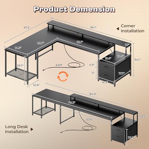 PRAISUN 66" L Shaped Gaming Desk with LED Lights & Power Outlets