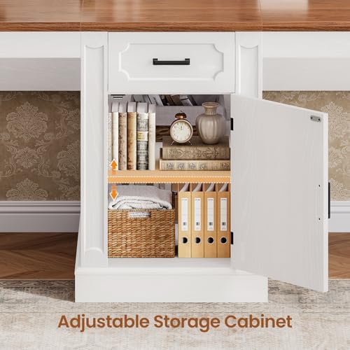 SEDETA Farmhouse 110.3" Two Person Desk with 7 Drawers, Long Computer Desk with Storage Cabinet, 2 Person Desk with Power Outlets for Home Office, White+Brown