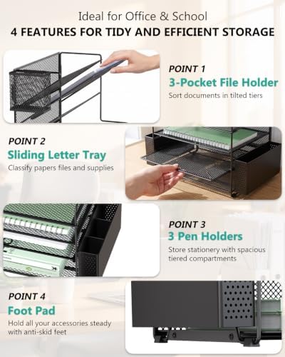 WALI Desk File Organizer, 7 Tier Desktop Paper Letter Tray Organizer with Drawer and 3 Pen Holders, Office Desk Accessories & Workspace Organizers for Office, Home, School Supplies, 1 Pack, Black