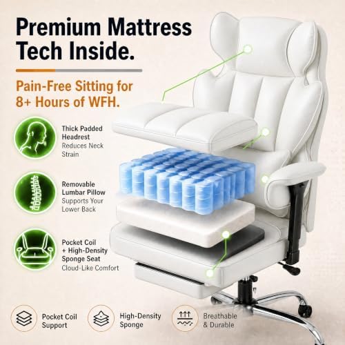 Furmax Big and Tall Office Chair, High Back Gaming Chair with Footrest for Heavy People, 400LBS Ergonomic Comfy Office Chair with Adjustable Armrests for Home Office (White)