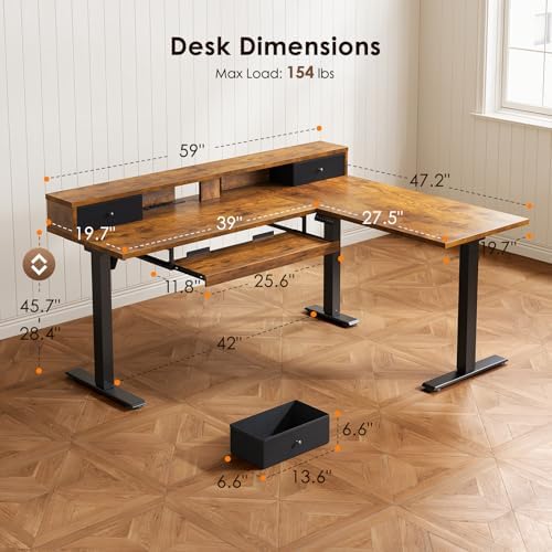 OffiGo 59 Inch L Shaped Electric Standing Desk with Drawers, Rustic Brown