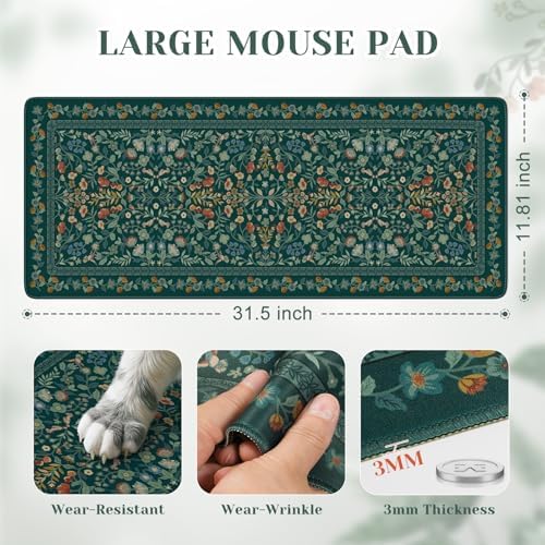iCasso Aesthetic Floral Desk Mat,Retro Mouse Pads,31.5x11.8in,Deep Green