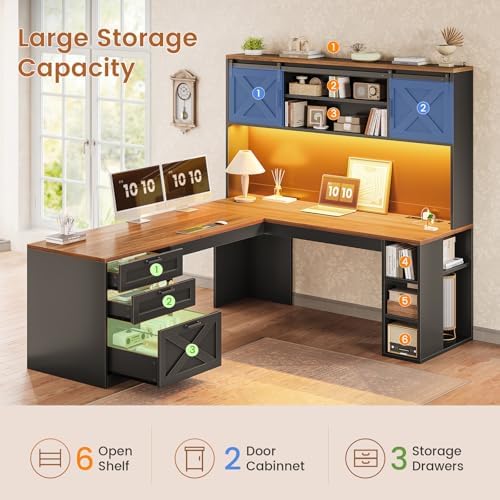 SEDETA 67" Farmhouse L Shaped Desk with Hutch, Black+Brown