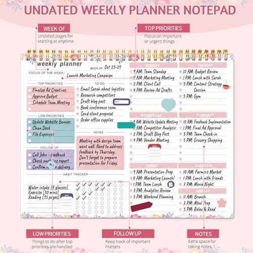 Thboxes Weekly Desk Planner, 8.5x11In To Do List Notepad, 52 Sheets, Floral