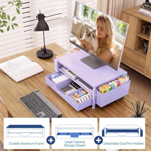 OPNICE Desk Organizers and Accessories, Computer Monitor Stand Riser with Drawer and 2 Pen Holders, Printer & Laptop Stand, Office Desk Accessories & Workspace Organizers for Home Office Supplies, Purple