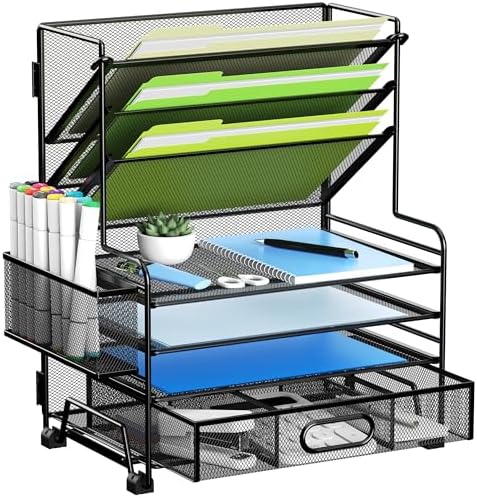 MINDEPOT 4-Tier Paper Organizer + 3-Pocket File Holder + Drawer + Pen Holders, Desktop File Organizers Paper Tray for Office Accessories School Classroom Organization (Black)