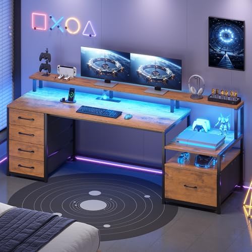 SEDETA 66'' Computer Desk with 5 Drawer, Power Outlet for Home Office