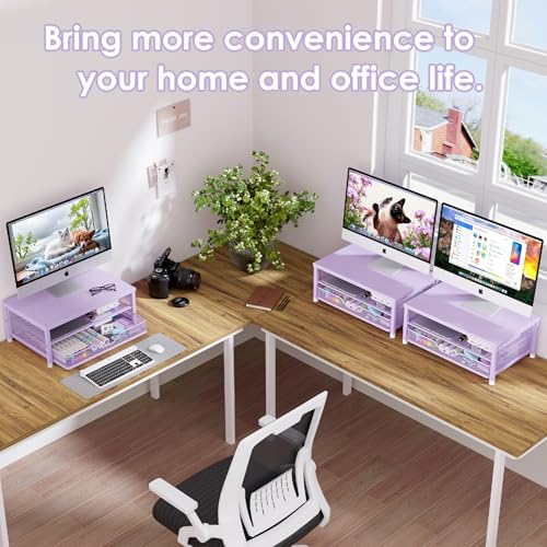 OPNICE Computer Monitor Stand Riser, Desk Organizer with Drawer, Printer & Laptop Stand, Office Desk Accessories & Workspace Desktop Organizers Storage for Office Supplies(Purple)