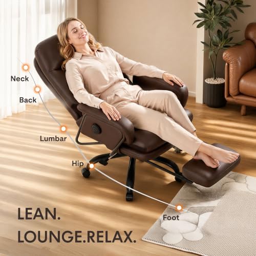 FLEXISPOT Multi-Task Ergonomic Office Chair with Footrest Computer Desk Chairs Indoor Lounge Chair with 90-165° 4-Level Reclining, Chairs for Working Relaxing Sleeping, PU Leather, Brown, Basic Back