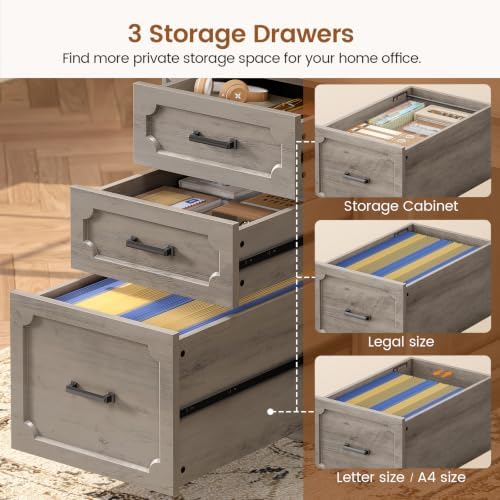 SEDETA Farmhouse 70.9" Executive Desk, Home Office Desk with File Drawers and Storage Cabinet, Computer Desk with Power Outlet for Home Office, Work Study Writing, Gray