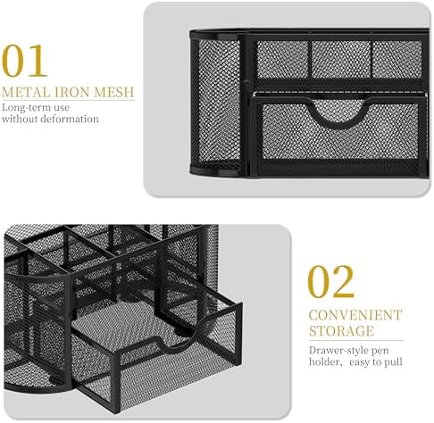Mesh Desk Organizer with Drawer, 9-Compartment Pen Holder for Desk, Black