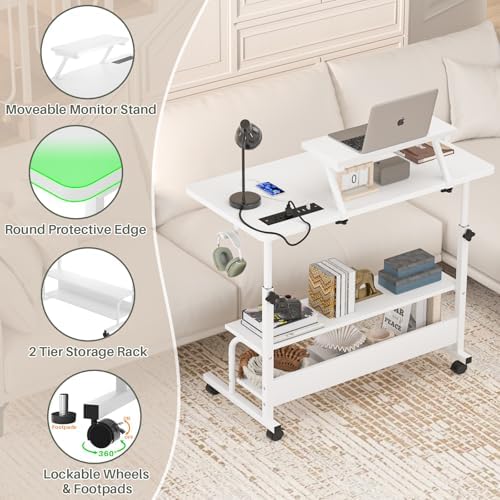 Height Adjustable Standing Desk with Power Outlets and LED Lights - 32" Manual Stand Up Desk with Monitor Stand and Storage Shelves Small Mobile Rolling Computer Desk Portable Laptop Table, White