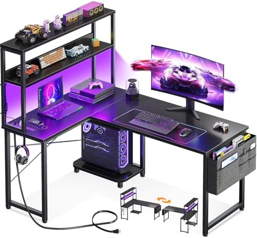 AODK L Shaped Desk Gaming Desk with LED Light & Power Outlet
